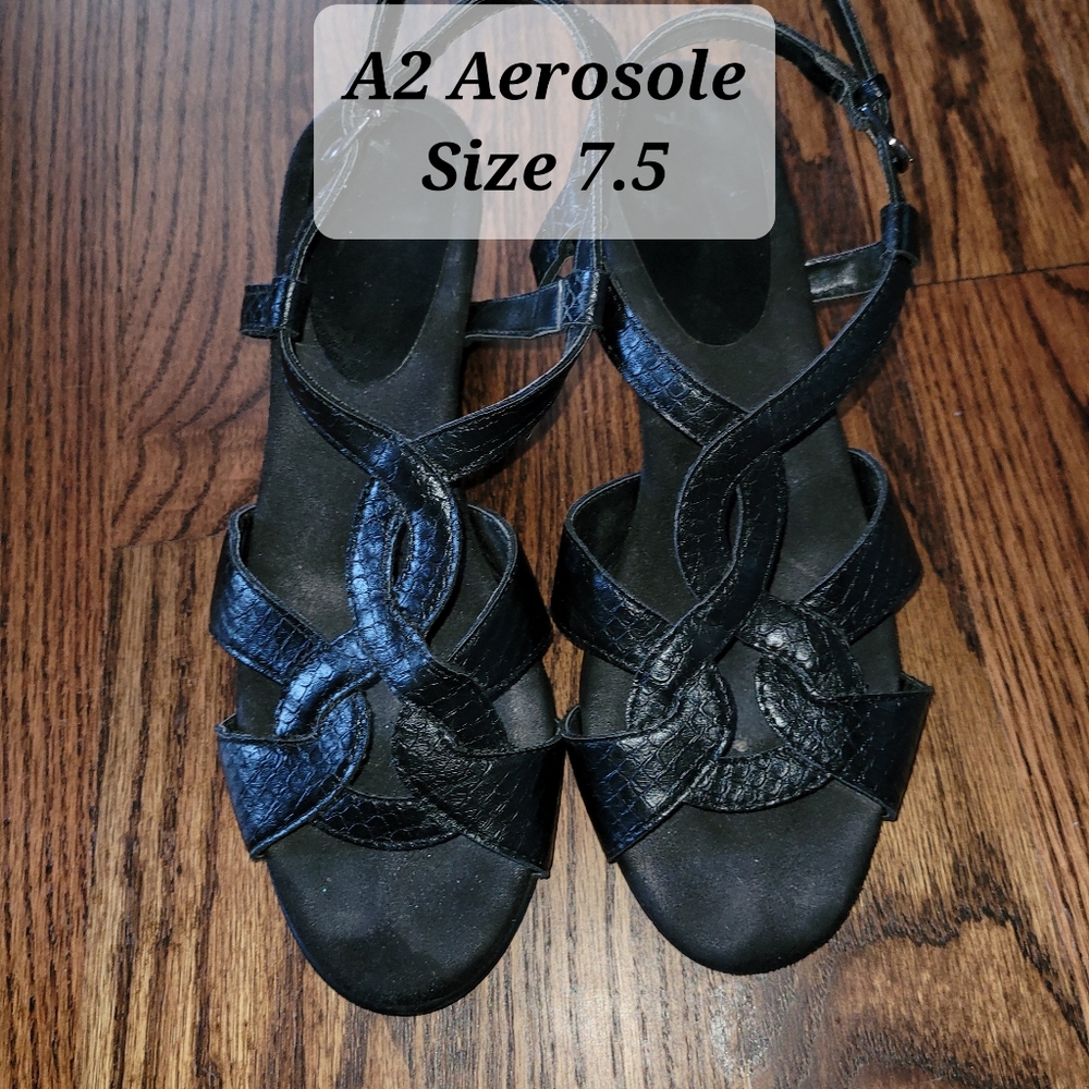 A2 by Aerosoles 7.5 Black 2" Sassy Plush Foam Comfort Wedge Heels Sandals